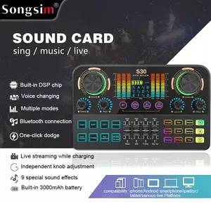 Songsim-S30 voice mixer with voice changer, volume knob, 48V phantom power, Bluetooth, RGB lighting, suitable for live streaming, gaming, PC, mobile phones, voice-over, recording, and content creation.