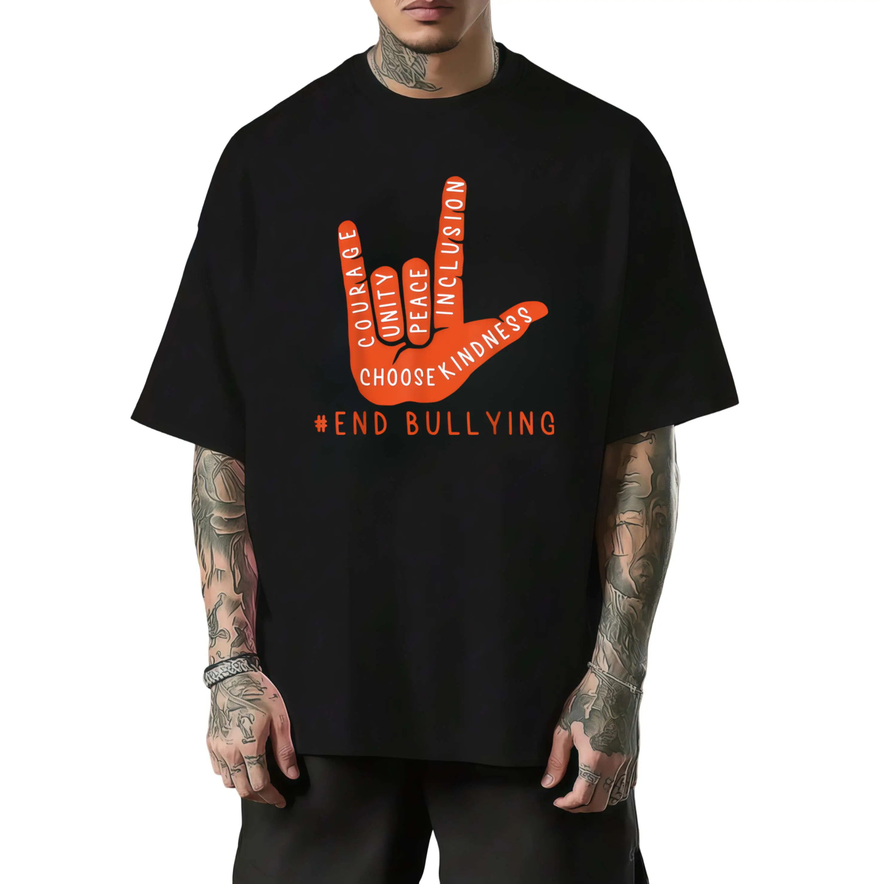 Men's Anti-Bullying Awareness T-Shirt - Unity Day Graphic Tee with Love Sign Language, #ENDBULLYING Message - Heavyweight Shirt for Advocacy, Schools, Workplaces