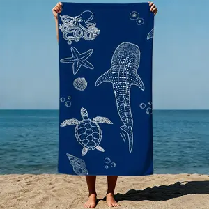 Marine life scene: whale shark, octopus, turtle, starfish, shells, bubbles, Pop Art style. Sand-Free Beach Towel | Ultra-Light Microfiber | Quick-Dry, Compact for Travel