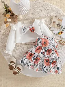Girls' Sweet Vintage Big Flower 3-Piece Set, Newborn Gift Set, Sleeveless Print Dress + Knit Cardigan + Bow Tie Decor, 0-3 Years, Spring Summer, Baby Clothing