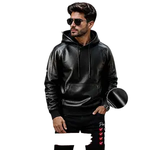 Men's Black Premium Leather Hoodie Handmade Genuine Lambskin Leather Coat