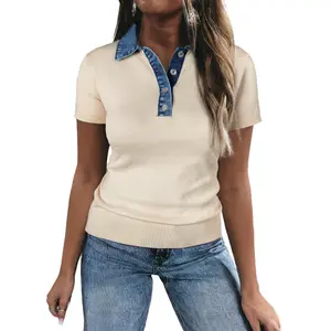 Short Sleeve Knit Denim Patchwork Polo Collar Sweater
