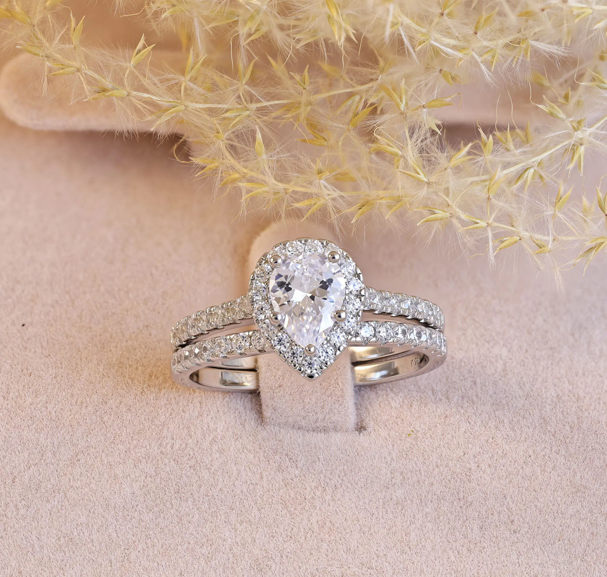 1.85ct Pear Cut CZ Sterling Silver Wedding Band & Engagement Ring Set 2.5-15 S4