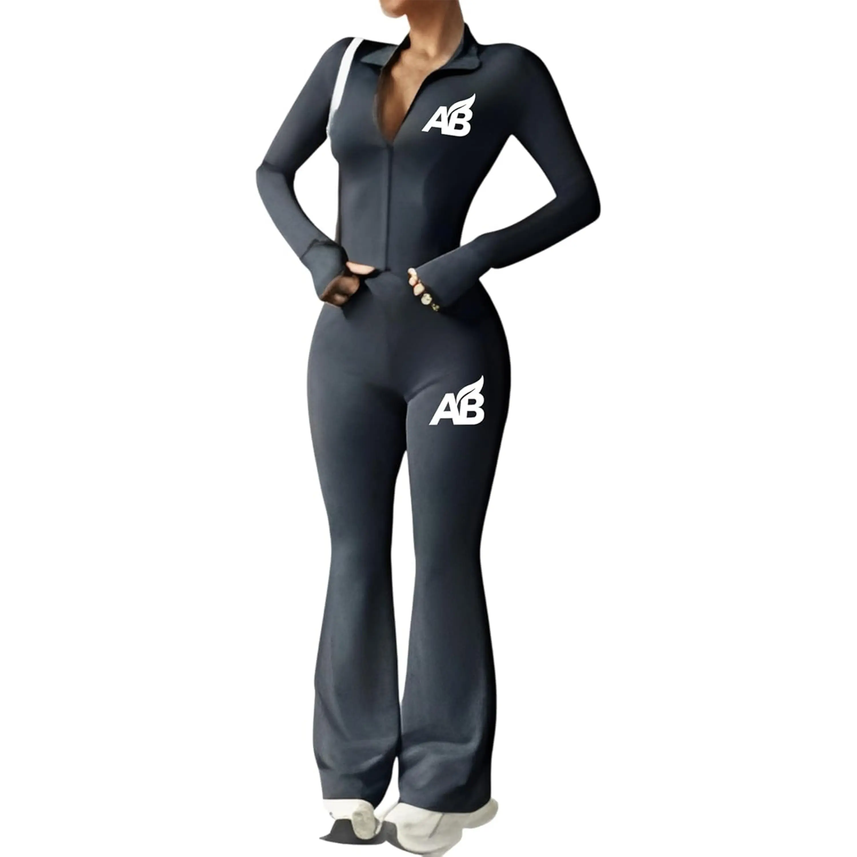 Women's 2-Piece Stretchy Sports Tracksuit Set - Trendy Long-Sleeve Zip-Up Collared Top, High-Waist Flared Pants, Premium Breathable All-Seasons Casual Loungewear, Machine Washable for Gym, Travel - Dark Grey, X-Large, Long Sleeve Shirt, Female, Athleisure