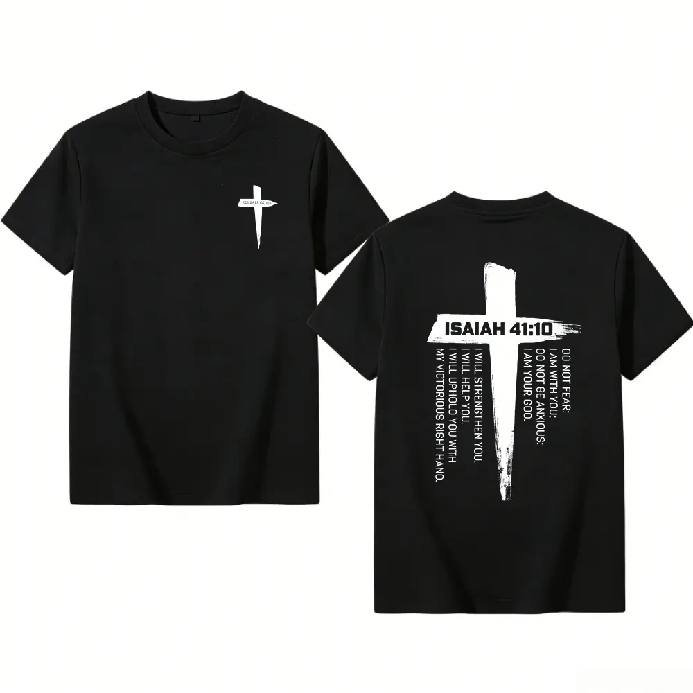Men’s heavy-weight (230 g) double-sided washed cotton T-shirt featuring vintage Bible verses and a cross print — anti-wax technology, relaxed fit short sleeves; durable casual religious apparel suitable for church, Bible study, and outdoor activities.