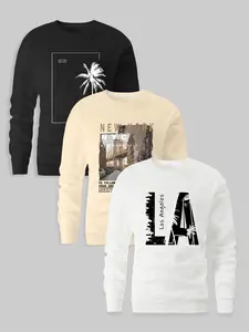 🗽🌴3 Pack City Graphic Print Fitted Crewnecks | NYC & LA & California Palm Tree Long Sleeve Sweatshirts | Minimalist Urban Pullovers | Trendy Everyday Outfits