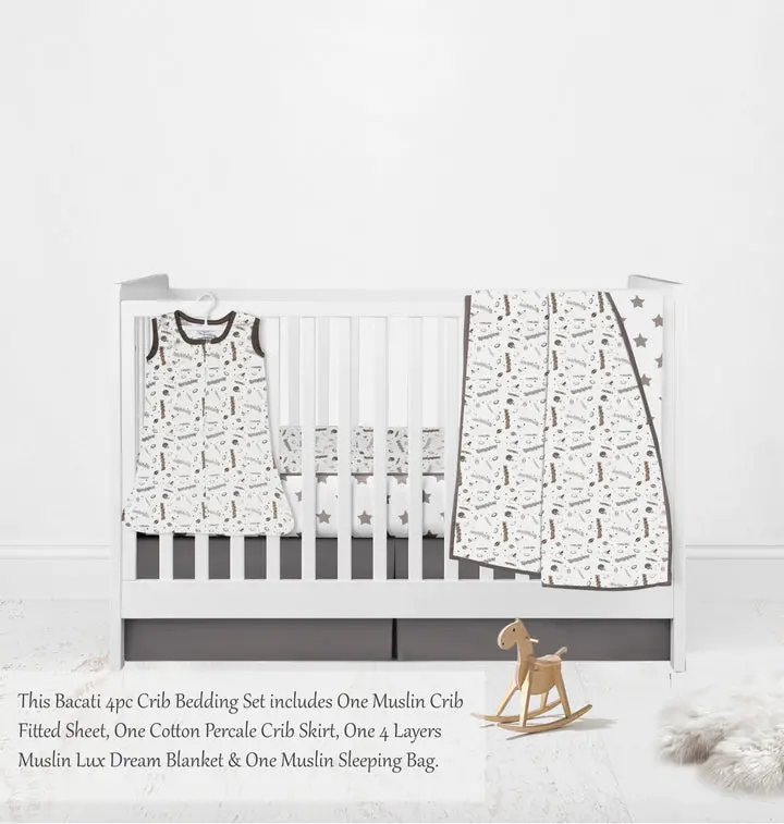 Bacati Football Muslin 4 Piece Crib Bedding Set with Sleeping Bag - Brown/Gray