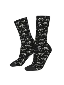 Unisex Dinosaur Fossil Socks, Skeleton Bone Pattern Casual Print Crew Socks, T-Rex Triceratops Paleontology Gift