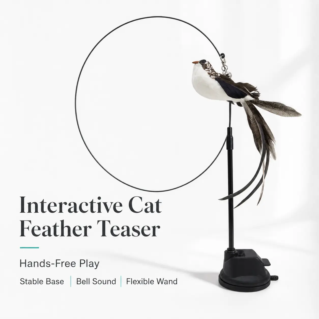 Interactive Cat Feather Wand Toy with Suction Cup Base, Hanging Bird Teaser Toy with Bell, Natural Feather Cat Chase Toy for Indoor Cats & Kittens