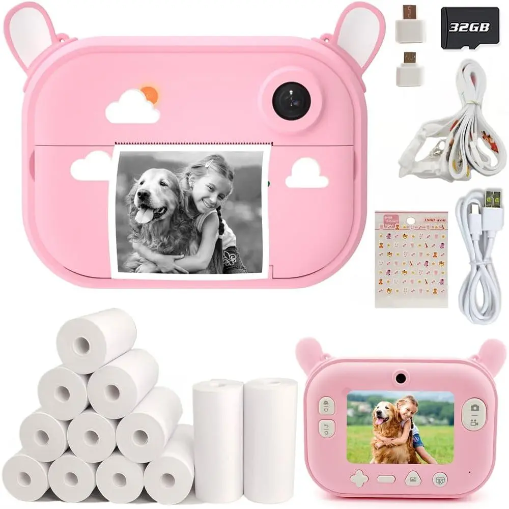Camera Instant Print Photo Cameras with 12 Rolls Refill Print Paper(Pink 32GB)