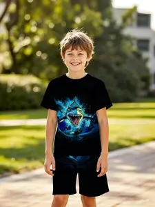 Boys' 3D Shark Short Sleeve Set, Summer Street Style Sportswear Two-Piece, Perfect for Outdoor Activities, Casual Outings, Holiday Gifts, Birthday Presents