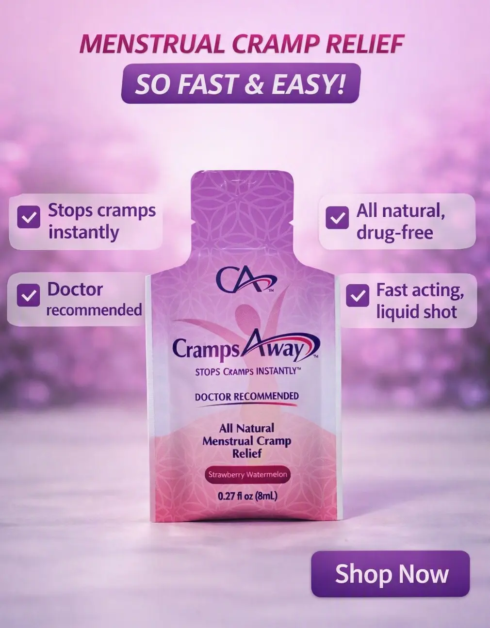 CrampsAWAY 5 Pack - A Safe, Patented, All-Natural, drug-free, Doctor recommended, Strawberry Watermelon Flavor Menstrual Cramp Supplement for Fast Menstrual Cramp Relief Healthcare Edible Fitness Dietary