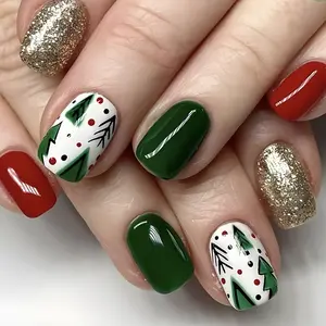 24pcs Christmas Tree Nail Art Set, Gold Short Square Fake Nails, Perfect for Holiday Parties & Winter