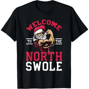 Funny Christmas Weightlifting Workout T-Shirt North Swole T-Shirt, 100% Cotton, Single Side Printed, Black Short Sleeve T-shirt, 1 pc, Christmas Halloween Thanksgiving Gift