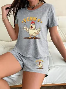 Women's Cartoon Coffee Rooster Print Pajama Set, Casual Loose-Fitting Sleepwear, Comfortable Nightgown for Women, Soft and Cozy