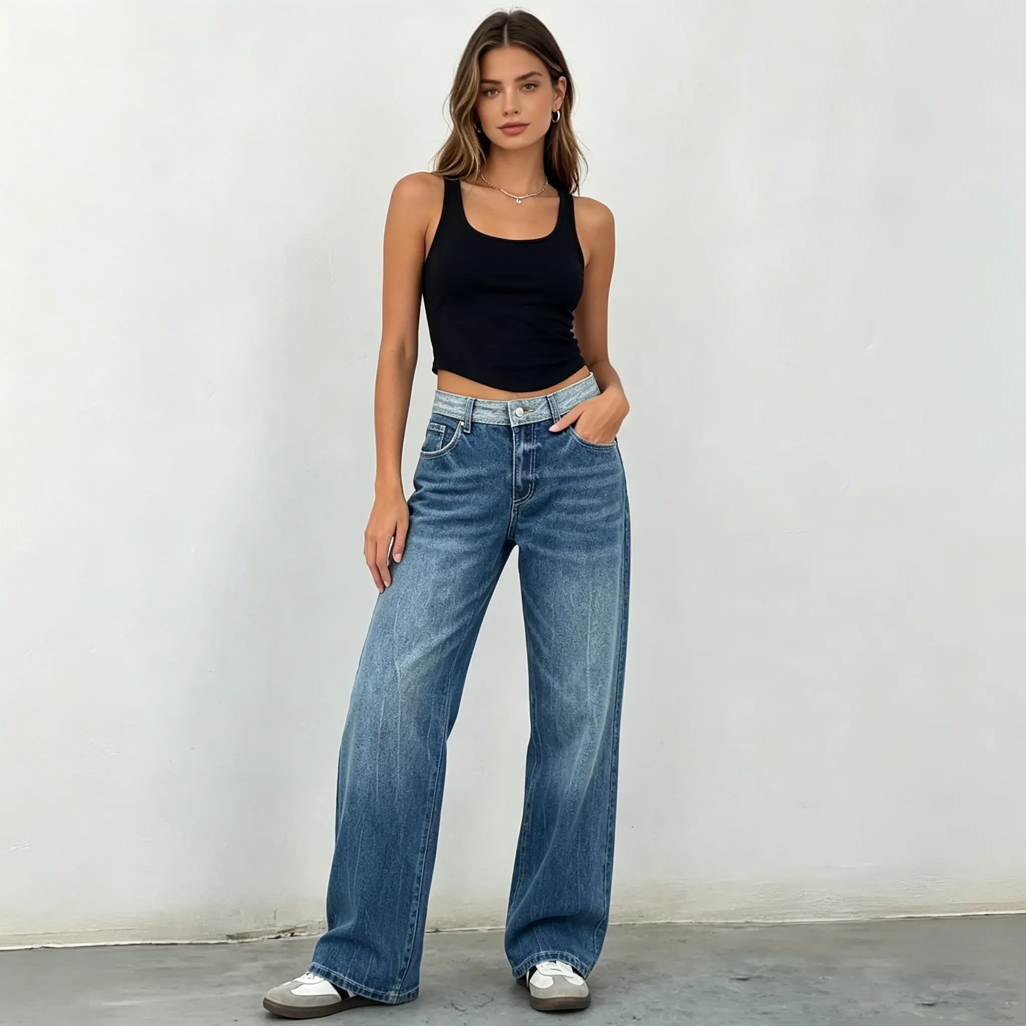Women's High-Rise 2-Tone Waistband Vintage Medium Blue Washed Minimalist Baggy Wide Leg Denim Jeans High Waisted Jeans Baggy Loose Jeans