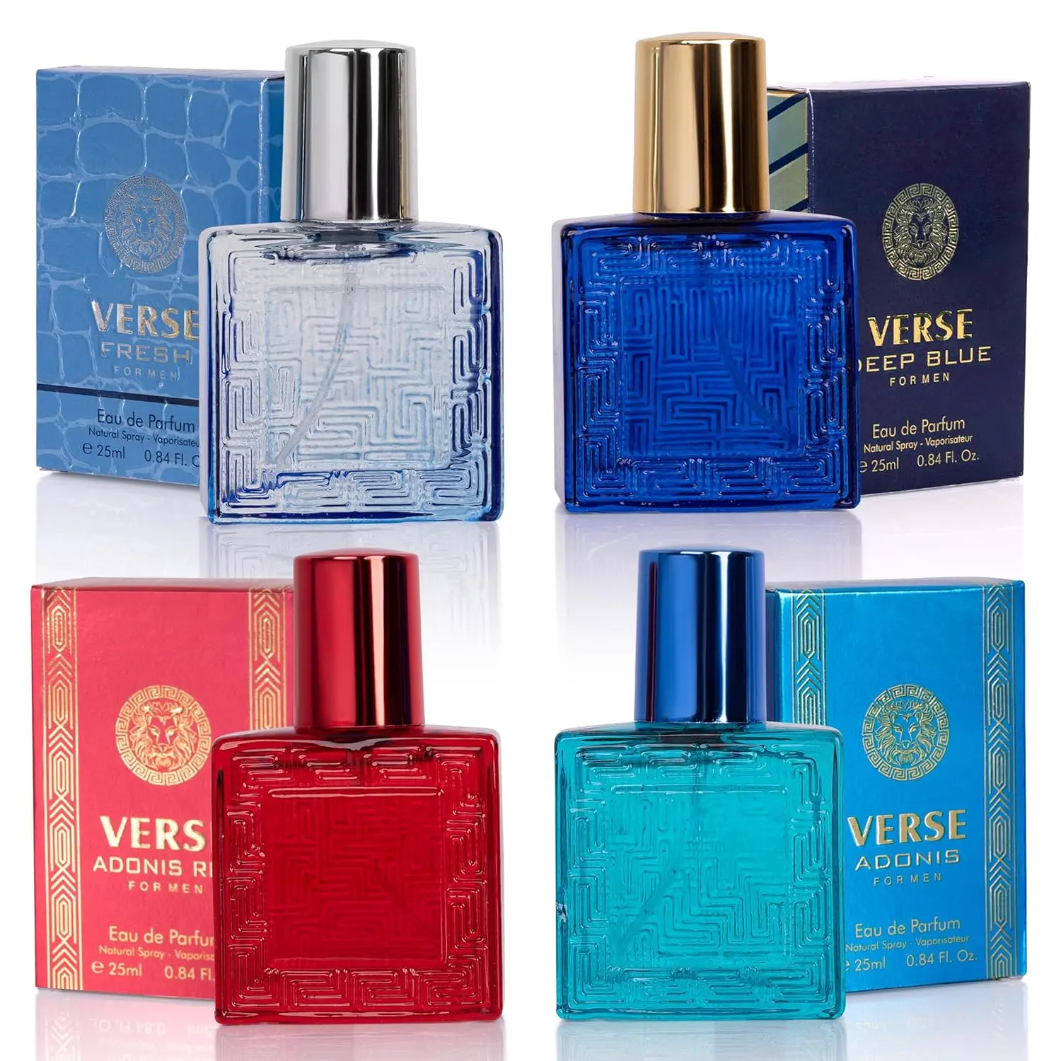 NOVOGLOW Verse Men's 4-PC Regular Edition EDP Fragrance Multi-Pack Box - 4x25ml Travel-Size Mini Vials (100ml Total), Adult Fresh Grooming Toiletries with Woods, Citrus, Spicy, Aquatic, Lemon-Lime, Adonis, Adonis Red, Deep Blue Notes