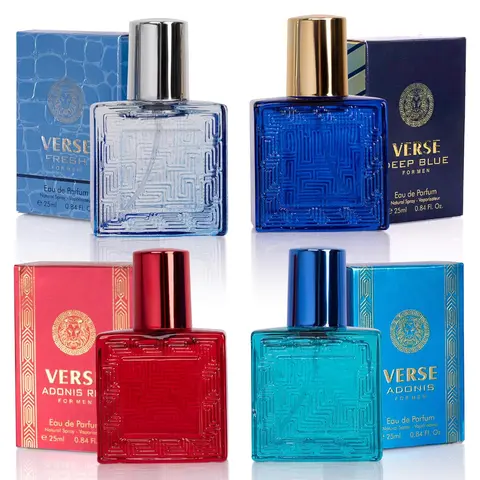 NOVOGLOW Verse Men's 4-PC Perfume Gift Set - 4x25ml EDP Luxury Vials, 4-Scent Rotation (Woods, Citrus, Spicy, Aquatic, Lemon-Lime, Minty Fresh, Adonis, Adonis Red, Deep Blue), Travel Size Adults' Box Fragrance Set, Father's Day Purse Gift