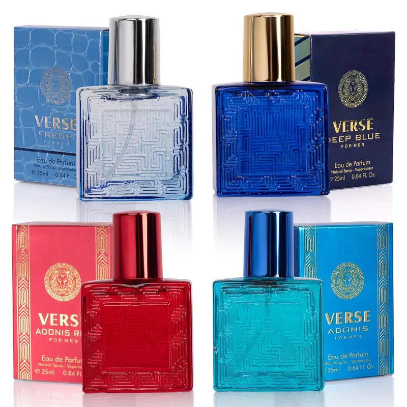 NOVOGLOW Verse Men's 4-PC Perfume Gift Set - 4x25ml EDP Luxury Vials, 4-Scent Rotation (Woods, Citrus, Spicy, Aquatic, Lemon-Lime, Minty Fresh, Adonis, Adonis Red, Deep Blue), Travel Size Adults' Box Fragrance Set, Father's Day Purse Gift
