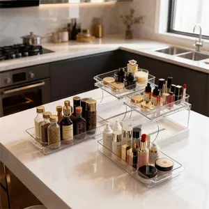 2 Tier Under Sink Organizer Clear Cabinet Organizer for Kitchen Bathroom Storage Rotating Pantry Rack for Spice Organization and Makeup Organizer for Drawer Durable Design 2 Pack