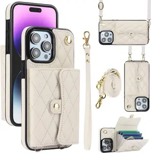 Phone Case for iPhone 15 Pro Max Case, Wallet Phone Case Cute Leather Case with Card Holder Crossbody Cover for Women Girls Strap Wristlet RFID Blocking Shockproof Protective Cover, White
