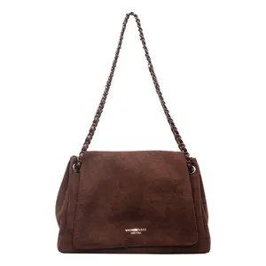 Women's Fall Winter Suede Crossbody Bag with Woven Chain Strap, Chic Saddle Silhouette, Retro American Style, Minimalist Design, Perfect for Commuting & Shopping
