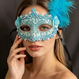 Elegant Feather Masquerade Mask Set, Intricate Lace Design, Perfect for Carnival, Lent, and Themed Costume Parties