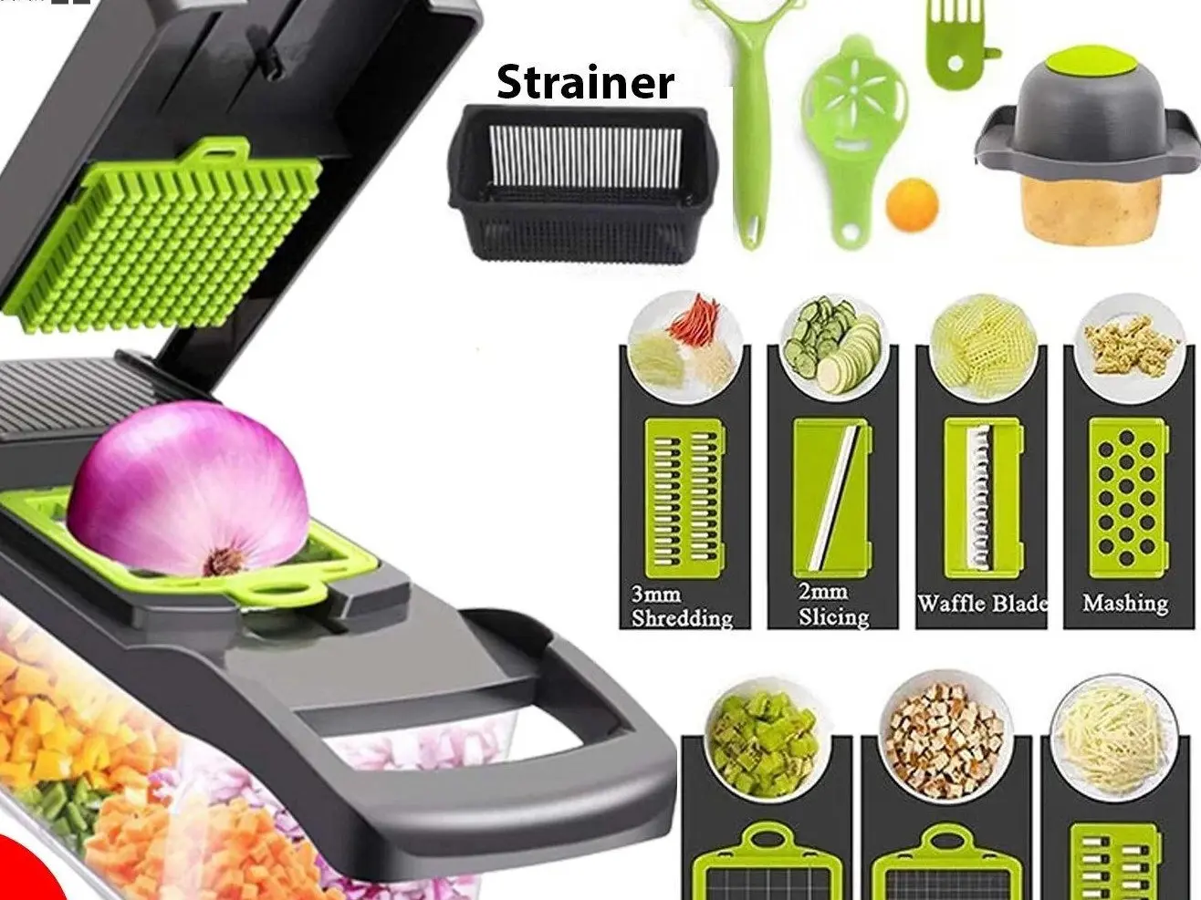 15-in-1 Vegetable Chopper and Slicer, Multifunctional Food Dicer with Stainless Steel Blades, Grater & Julienne Cutter