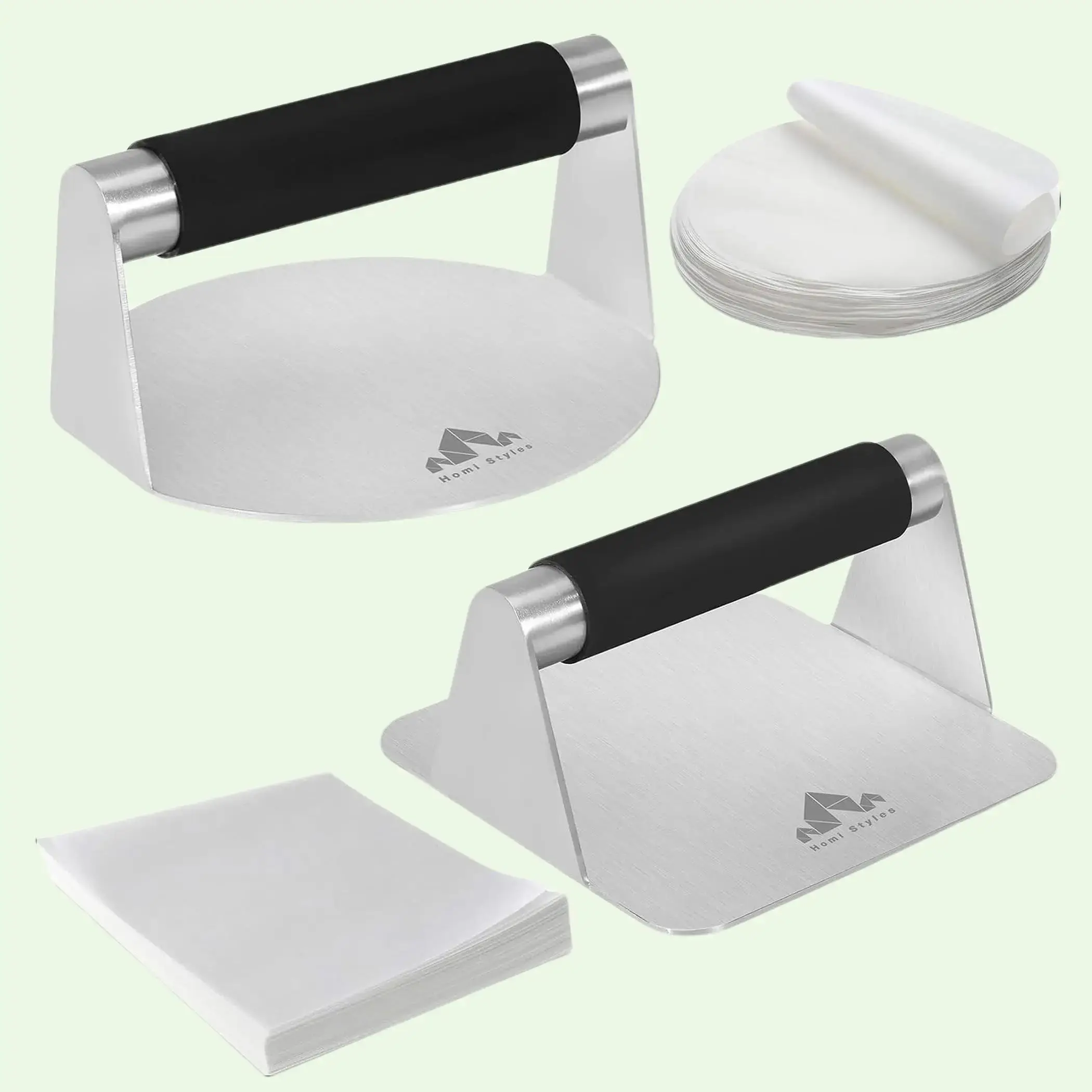 Homi Styles Burger Press Set - 5.5-Inch Diameter Round & Square Meat Smasher, Hamburger Maker for Burger Making, Non-Stick Stainless Steel with Silicone Handles, 100pcs Parchment Papers, Heatproof & Durable Kitchen Utensil, Rubber, Plastic