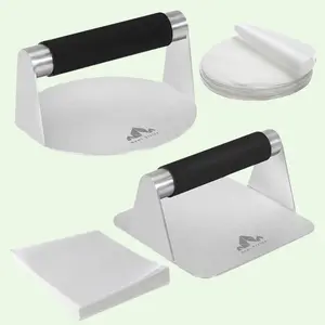 Homi Styles Burger Press Set - Round & Square Meat Smasher with Silicone Handles - Non-Stick Steel for Hamburger Patties - Kitchen Utensils Stainless Steel with Parchment Papers - Heat Resistant & Durable