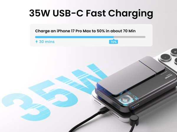 SHARGE ICEMAG 3 MagSafe Portable Charger, Qi2.2 25W Magnetic Power Bank 10000mAh 35W USB-C Fast Charging, with Active Cooling& Built-in Cable, Transparent RGB Design for iPhone 17e/16/15 Series