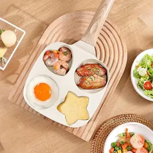 Multifunctional Non-stick Egg Frying Pan – 4 Holes Skillet with Wooden Handle, Medical Stone Omelet Maker for Pancakes, Burgers, Breakfast & Quick Cooking at Home.Non-stick Beige Cookware frying pan.