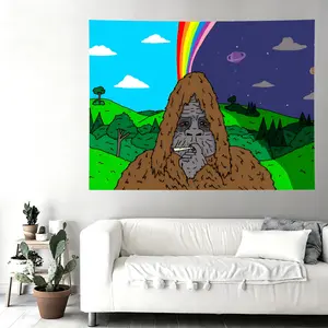 The Big Lez Show Sassy The Sasquatch Wall Flag Tapestry, Rainbow Background Stoner Wall Hanging