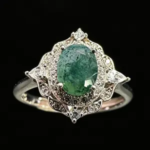 Vintage Halo Moss Agate 925 Sterling Silver Adjustable Ring