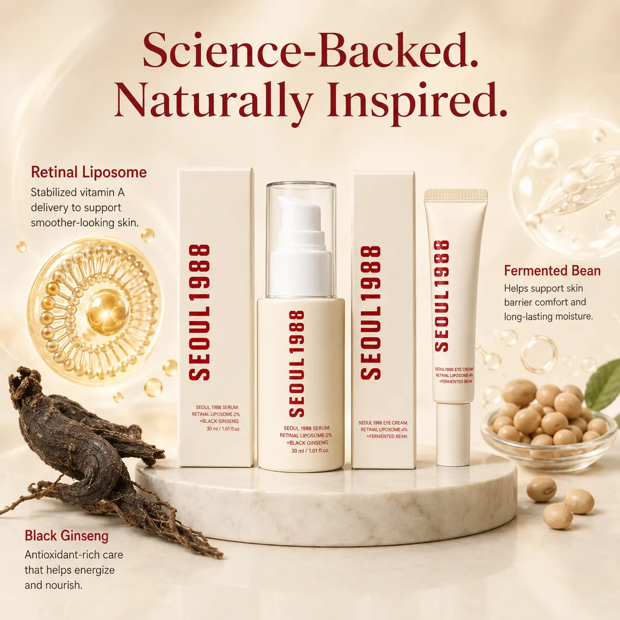 SEOUL1988 Retinal Liposome Serum & Eye Cream Set, 2-Step Korean Skincare with Black Ginseng and Fermented Bean, Hydrating Face & Under-Eye Care for Smooth, Bright,