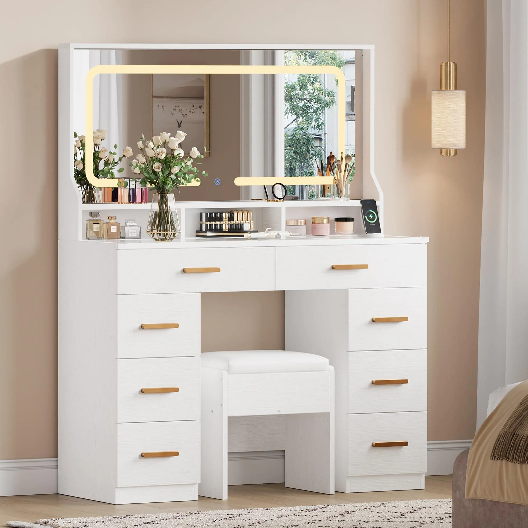 White Glass Top Vanity Desk with Rectangular Large Lighted Mirror, Glass Tabletop, 8 Drawers, 3 Shelves, Built-in Power Outlet for Bedroom, Dressing Area