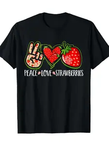 Men's Peace, Love and Strawberries T-Shirt-Casual 100% Cotton T-Shirt, Bright Fruit Pattern, Short Sleeves, Round Neck-Machine Washable for All Seasons, breathable comfort, vintage vibe, unisex fit, office commute