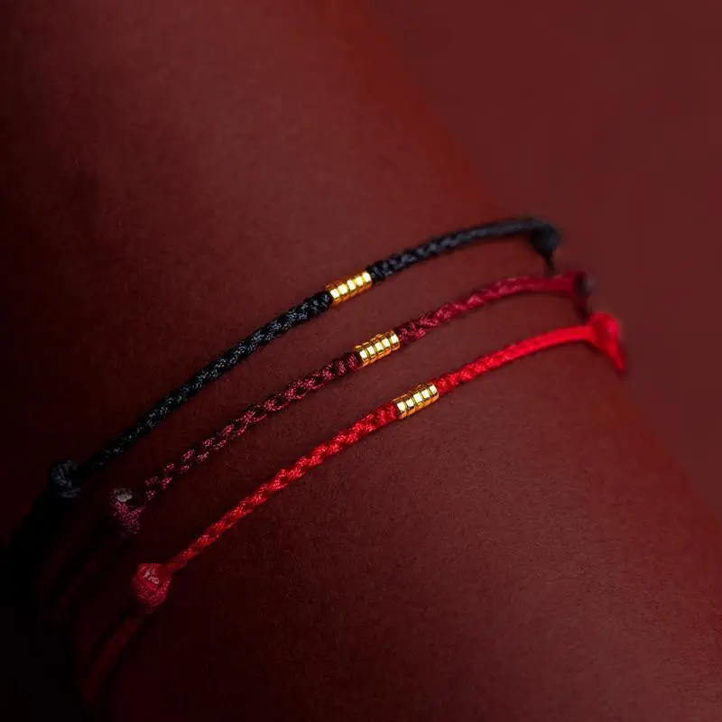 Unisex Adjustable Handmade Craft Beaded Look Alloy Rope Bangles - 25cm Gold-Colored Red Rope Lucky Wristband, Casual Fashion Costume Jewelry for Lovers' Gift, Bracelets For Women, Beaded Bracelets & Bangles, Lucky Bangle