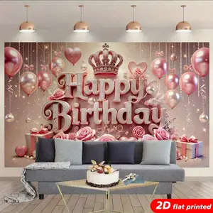 Pink Gold Happy Birthday Tapestry Wall Hanging Banner, 2D Flat Printed with Crown, Balloon, Rose Design, Backdrop for Women's Birthday Party Photo Booth, Gift for Aesthetic Room Home Decor lightweight,summervibes