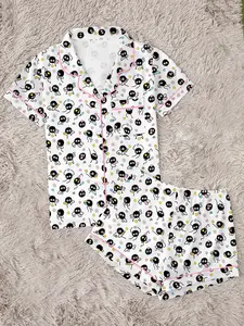 Cartoon Print Women's Pajama Set, Comfortable Two-Piece, Short Sleeve Button-Up Top and Elastic Shorts, Casual Home Wear, Loungewear, Party Gift