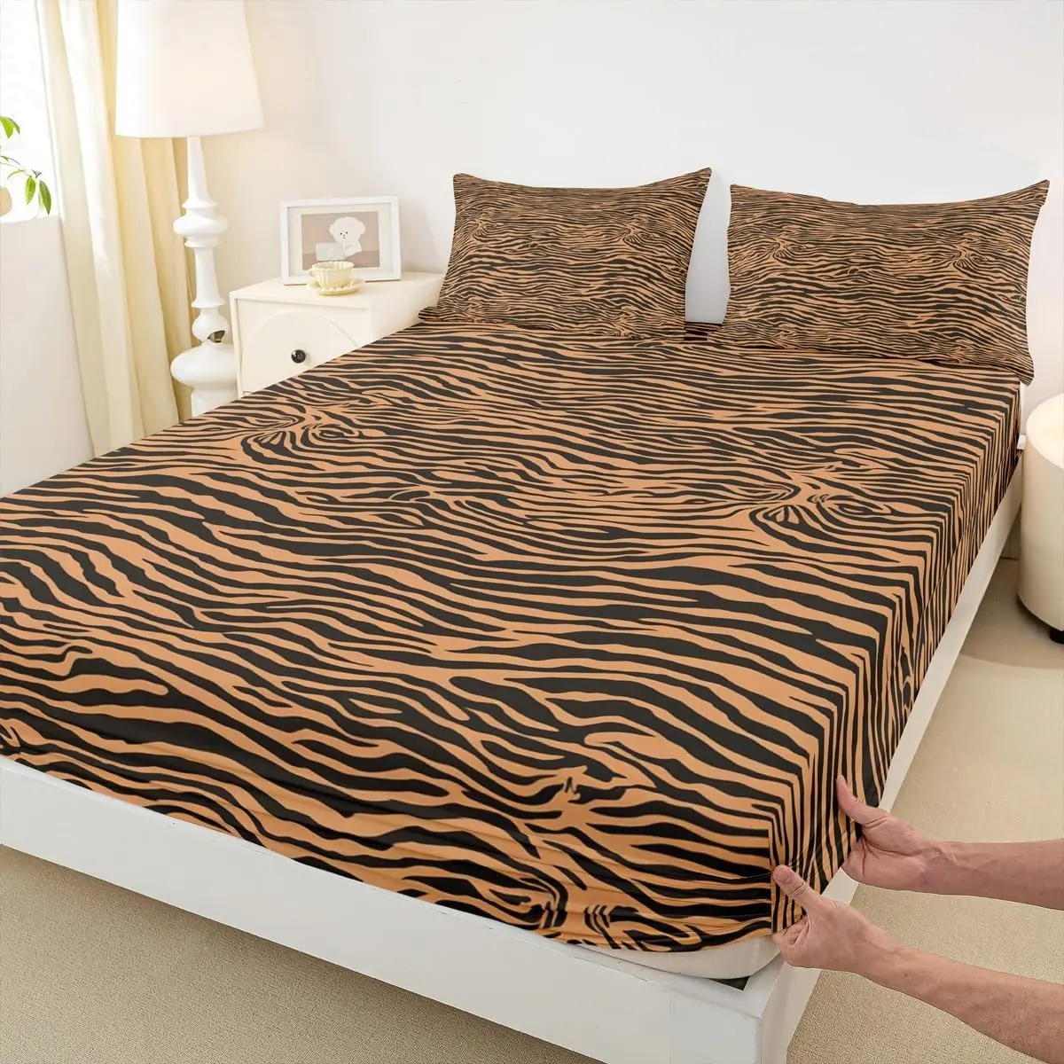 Tiger Printed Bedding Set Yellow Animal Skin Bed Set Bedroom Decor Wild Animals Fitted Sheet Soft Microfiber Tigers Stripes Bed Cover(Fitted Sheet + Pillow Case )