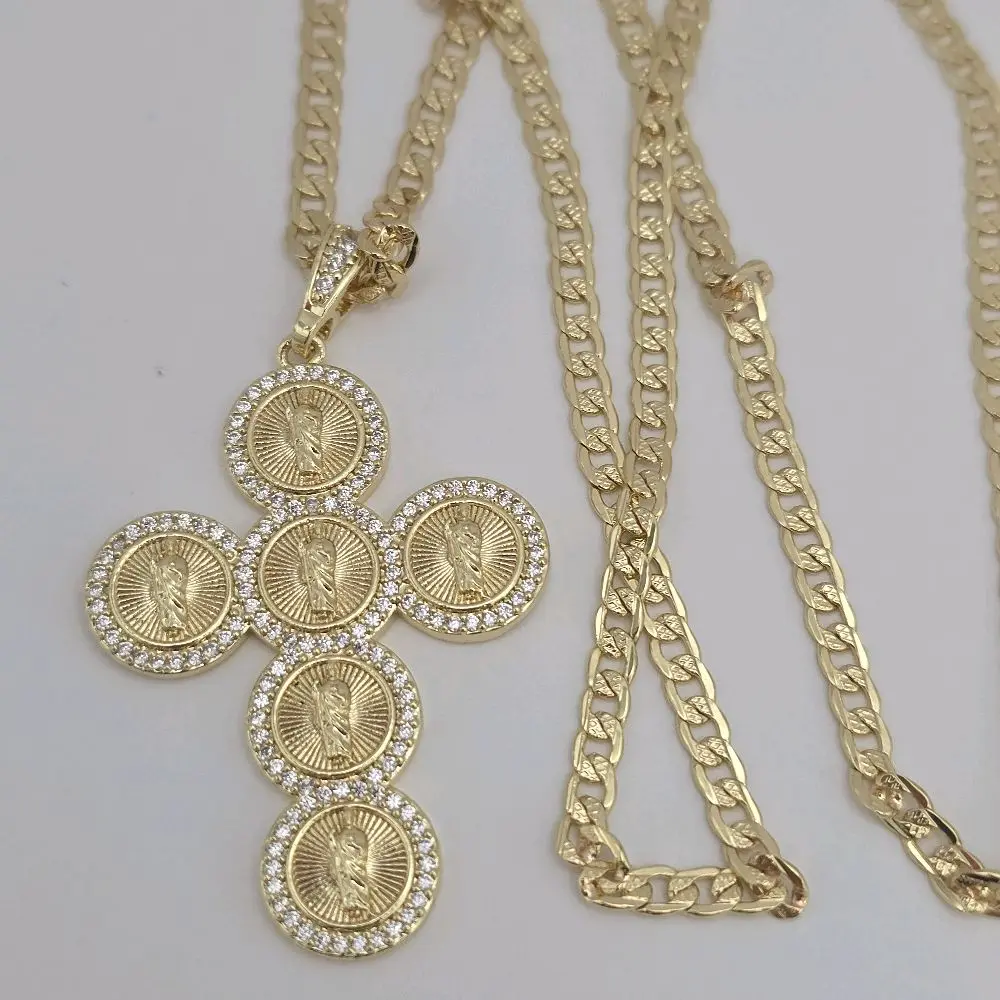 SAINT JUDE religious cross gold-plated with stone's  Cuban link chain beautiful style 24"inches the perfect gift for all occasions
