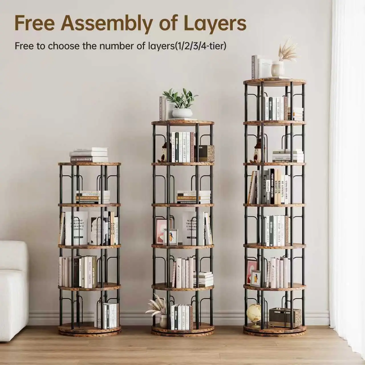Rotating Bookshelf Tower - 3, 4 or 5 Tier Options, Holds 60-100 Books, Stylish Storage for Bedroom & Living Room DIY Indoor Furniture Shelf Rack