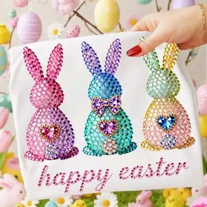 Happy Easter • T-shirt Tee Shirt Comfortable Unisex Top Sublimation Casual Graphic Shirts Cute Stylish Easter Bunny Rabbit Bedazzled Rhinestones Jesus
