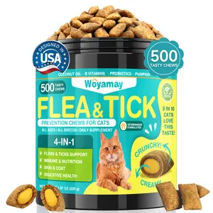 Woyamay Flea & Tick Prevention for Cats 500 Chews Natural Daily Oral Supplement with Cheese Flavor & Probiotics for Immunity & Digestive Health Salmon Oil Pumpkin Vitamin Cute Cat Treats