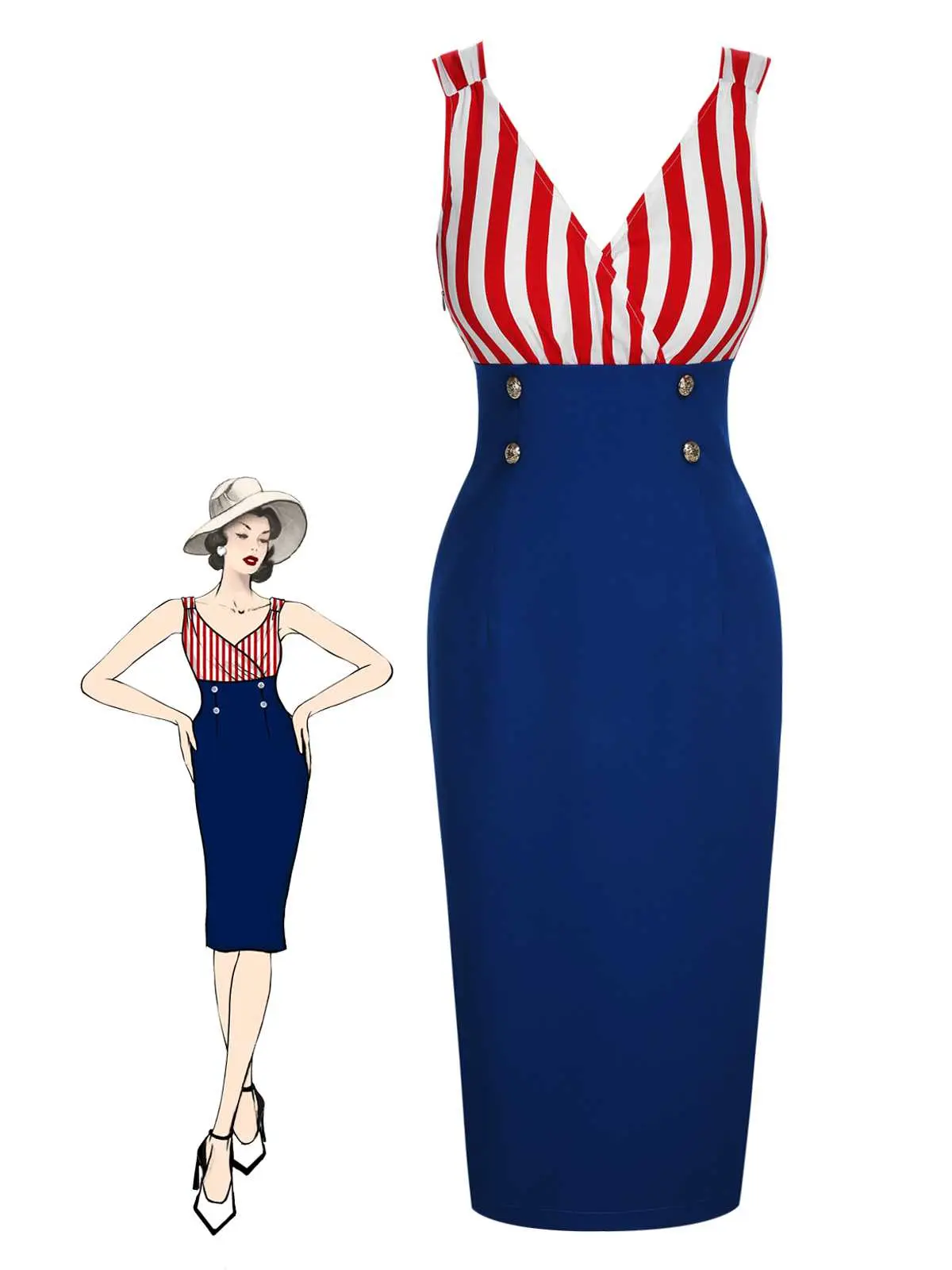 RETROSTAGE Women's Retro Chic Slim-Fitted Sleeveless V-Neck Striped Red-Blue Contrast Summer Dress - Back Zipper, 4th of July Outfits, Casual Everyday Wear, Below-Knee, Do Not Bleach, XL, Casual Wear, Going Out, Classic Retro Casual Dresses