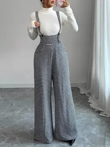 Women's Elegant Plaid Fitted Adjustable Buckle Belted Pants, Stylish Ladies' Everyday Casual Wear, Comfortable and Trendy Design