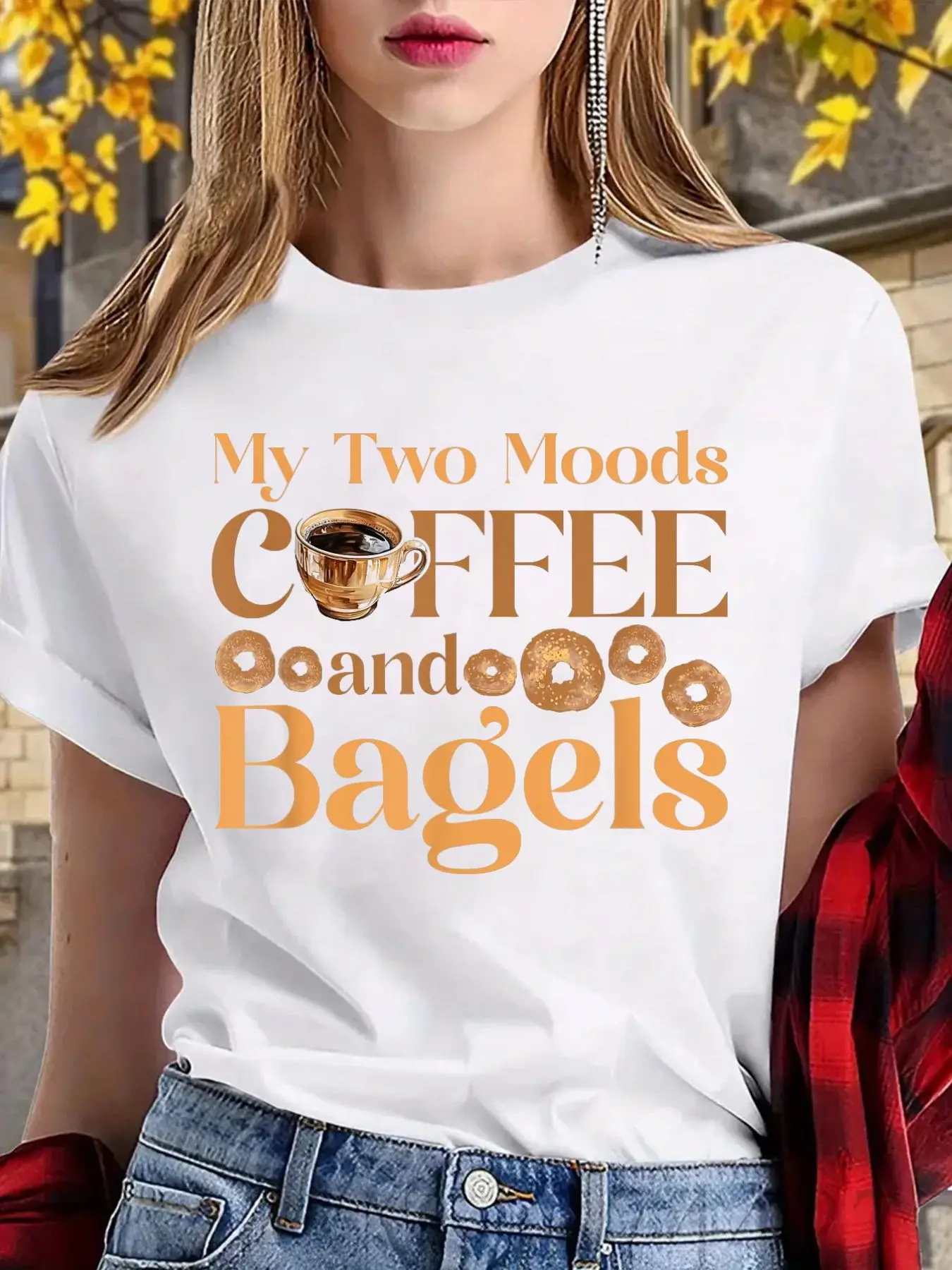 Women's Coffee Meets Bagel Graphic T-Shirt, Casual Loose Fit Style Top in 100% Cotton with Short Sleeves and Round Neck, Graphic Print, Clothes, Coffee Theme, Jackets, All Seasons, Super Soft, Printed, Party, Shortsleeve, Loose-Fitting
