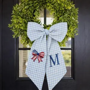 Monogram Patriotic Wreath Sash Embroidered Bow Custom Initial 4th of July Door Decor Americana Gingham Wreath Bow