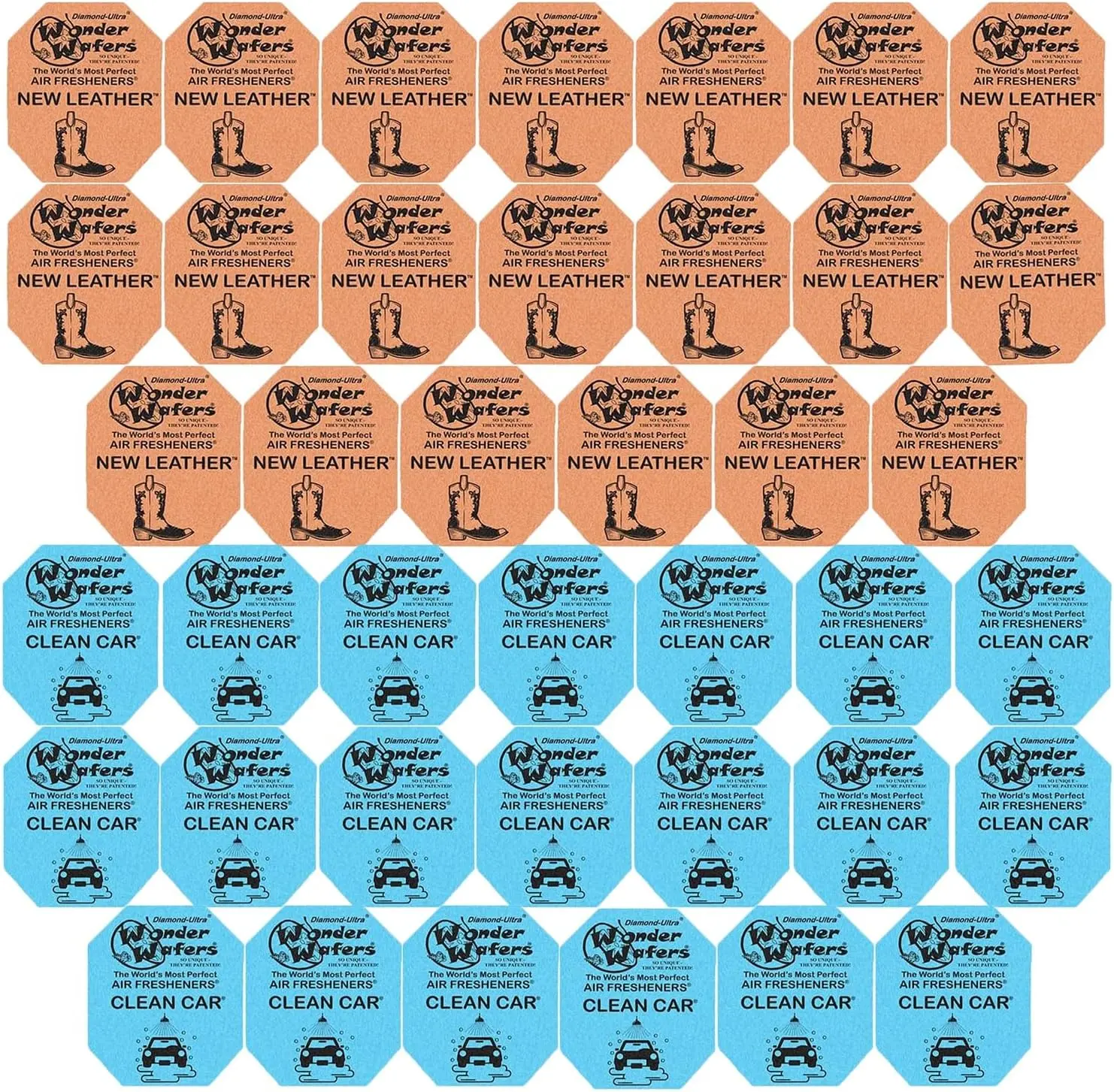 Bundle Contents - 40 pack of Wonder Wafer Car Air Freshener: 20 Clean Car, 20 New Leather, 2 scents